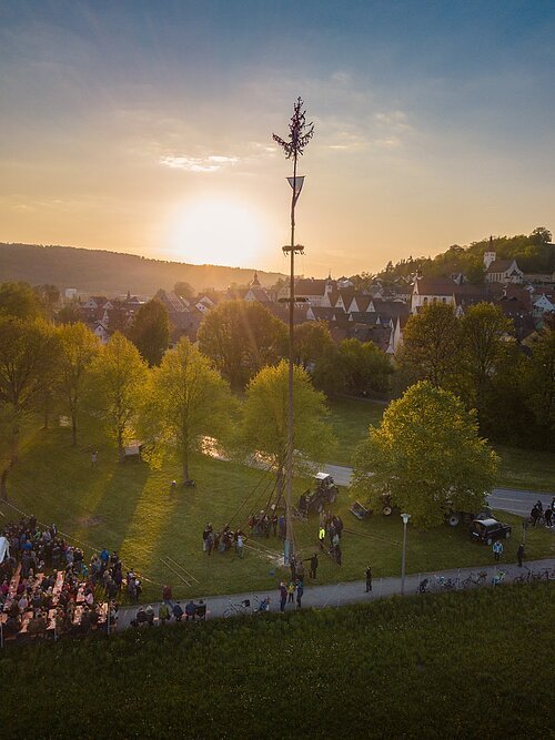 Auf dem Bild sieht man das Aufstellen des Maibaums in Greding. Im Hintergrund sieht einen Sonnenuntergang.