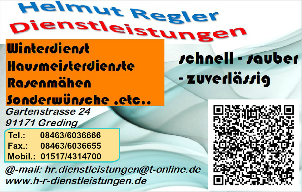 Visitenkarte von Helmut Regler Dienstleistungen, Winterdienst, Hausmeisterdienste, Rasenmähen, Sonderwünsche