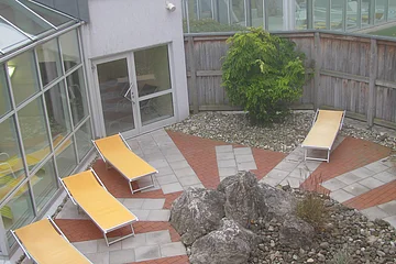 Innenhof mit drei gelben Liegestühlen, großen Steinen und einem Baum, umgeben von Glasfenstern und Holzzaun.