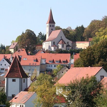 Historische Altstadt Greding Dorf mit roten Ziegeldächern, Kirche mit Turm und umliegenden Bäumen bei klarem Himmel.